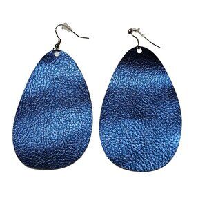 Handmade Metallic Blue Teardrop Earrings Faux Leather Felt Silver Hooks Fashion